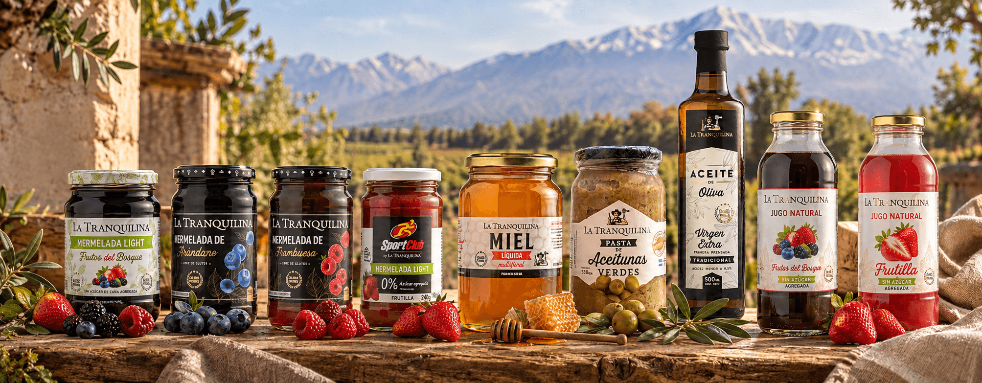 Línea completa de productos La Tranquilina —mermeladas, miel, aceitunas, aceite de oliva y jugos— sobre una mesa de madera con la cordillera de fondo
