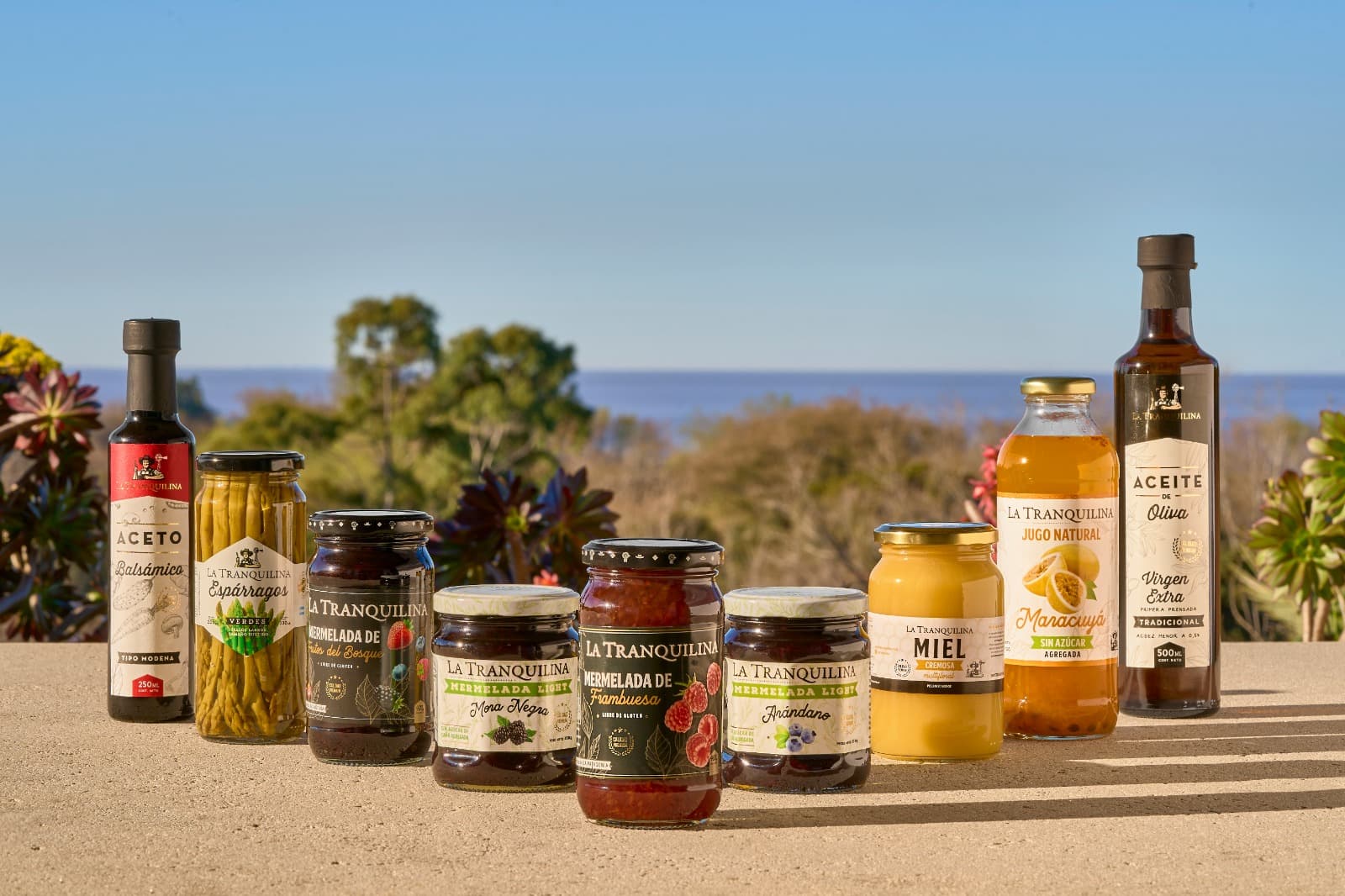 Fila de productos La Tranquilina —aceto, espárragos, mermeladas, miel, jugo y aceite— con el mar de fondo