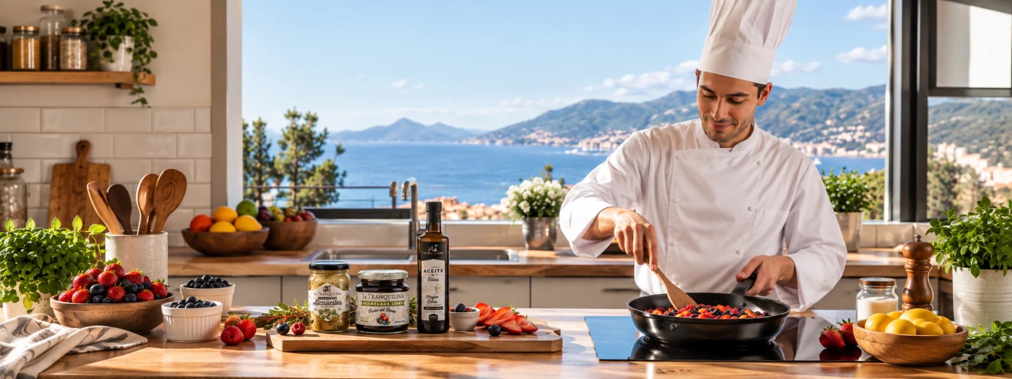 Chef salteando frutos rojos en una sartén, junto a alcauciles, mermelada light de frutos del bosque y aceite de oliva La Tranquilina, con el mar y las montañas de fondo